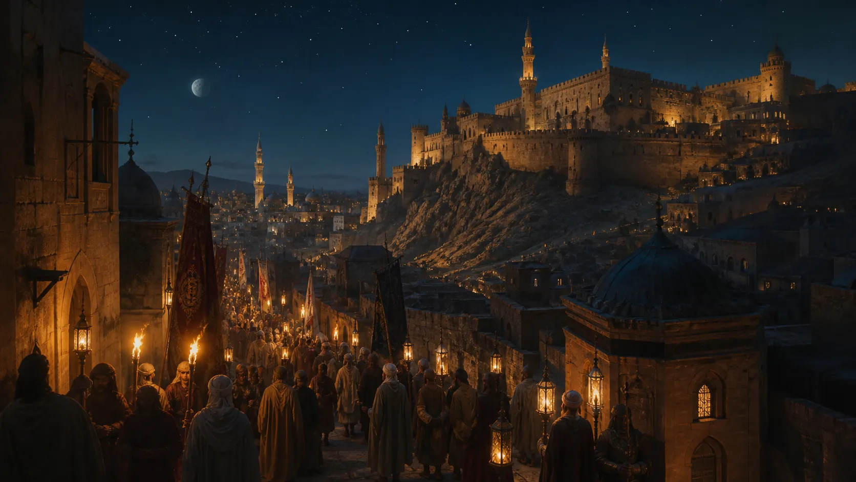 A torchlight procession moving through a medieval Islamic city beneath a citadel and minarets