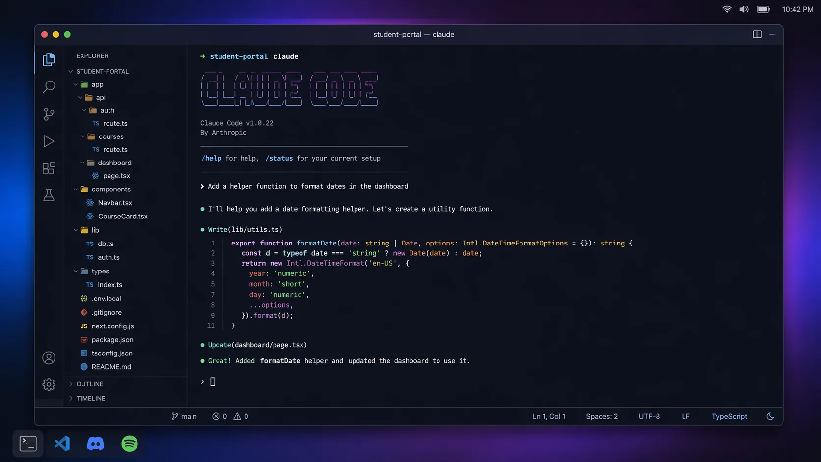 Dark-themed terminal showing Claude Code CLI with code, command prompt, and project file tree