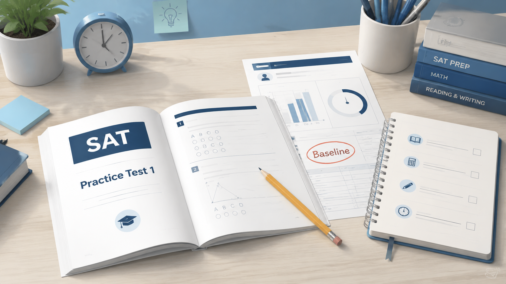 A desk with SAT Practice Test 1, a baseline score sheet, and a study plan notebook