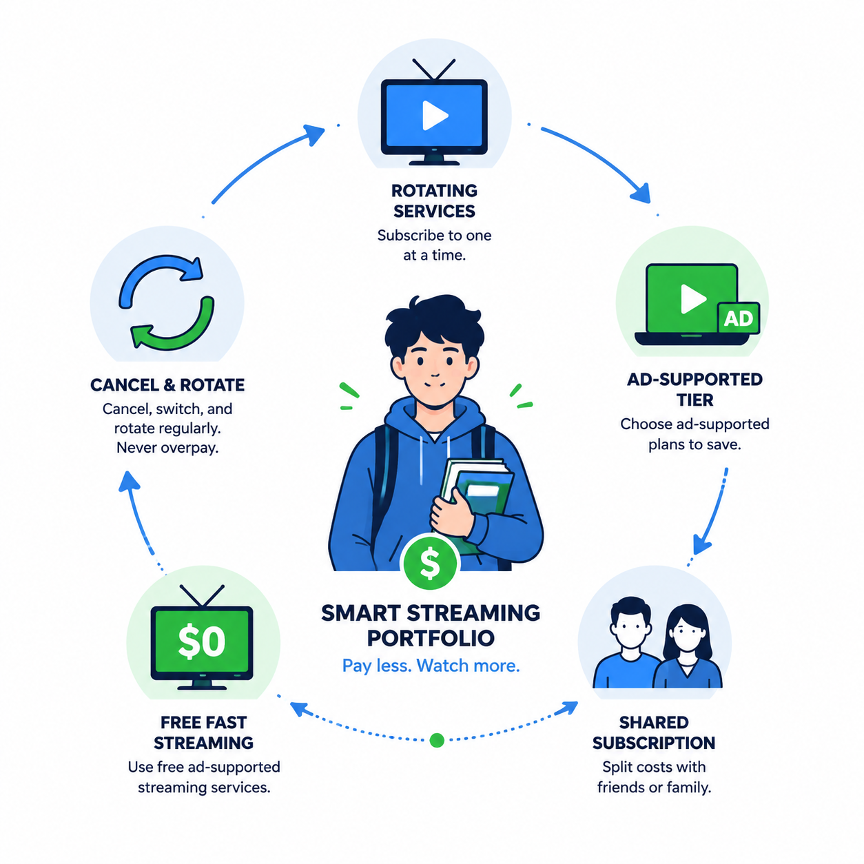 Student surrounded by rotating streaming services, ad-supported tiers, shared subscriptions, and free FAST options