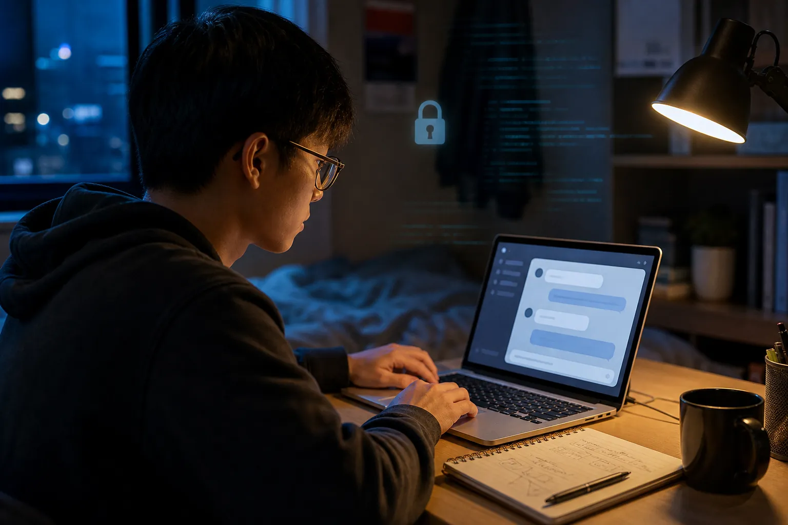 Student studying cybersecurity with an AI chat interface, flashcards, notebook, and laptop at a modest desk