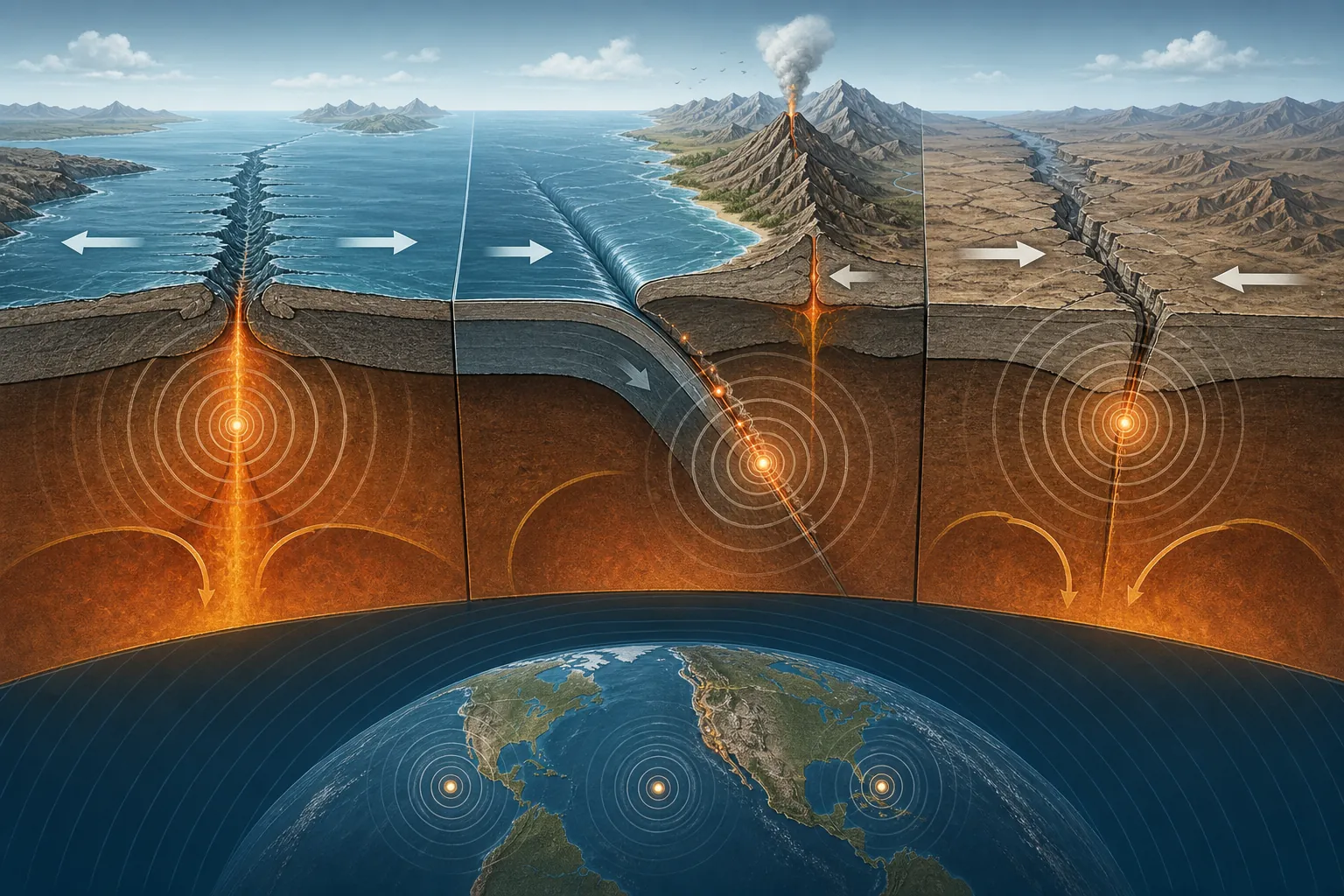 Cutaway diagram of divergent, convergent, and transform plate boundaries with earthquake wave arcs