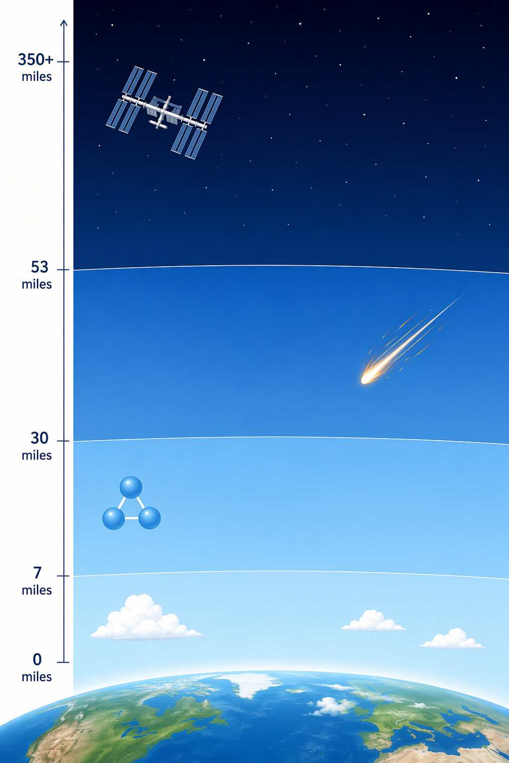 Vertical cross-section diagram of Earth’s atmospheric layers with altitude markers and icons