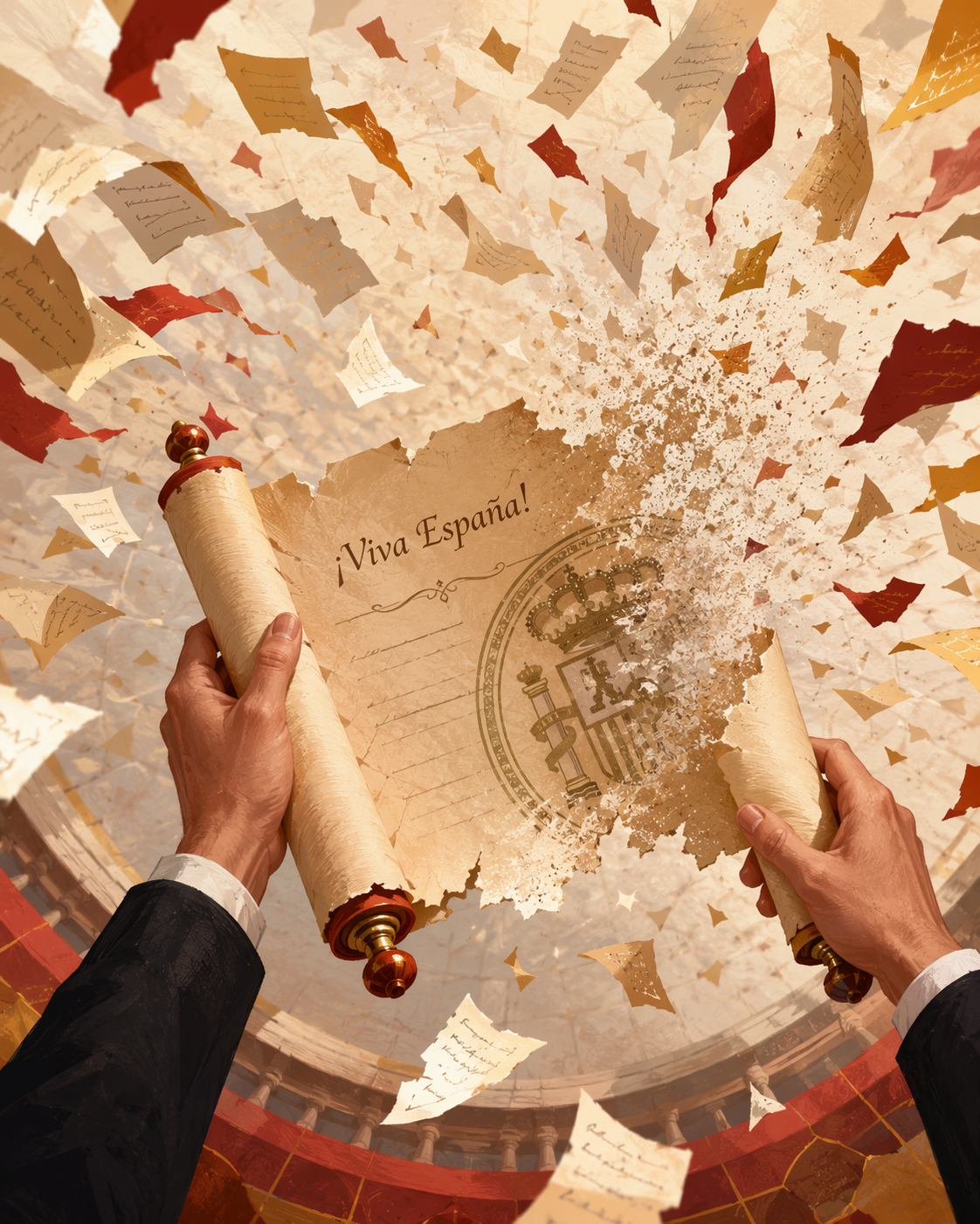Illustration of rejected anthem lyric entries surrounding the phrase ¡Viva España!
