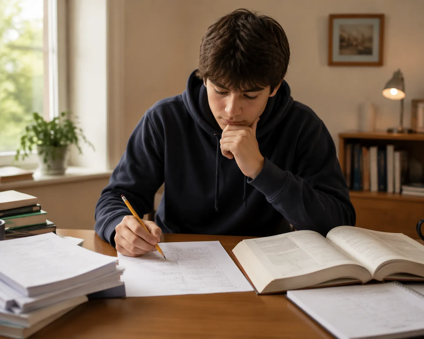 A student studying math alone at a desk with open textbooks and papers, showing self-directed work before instruction