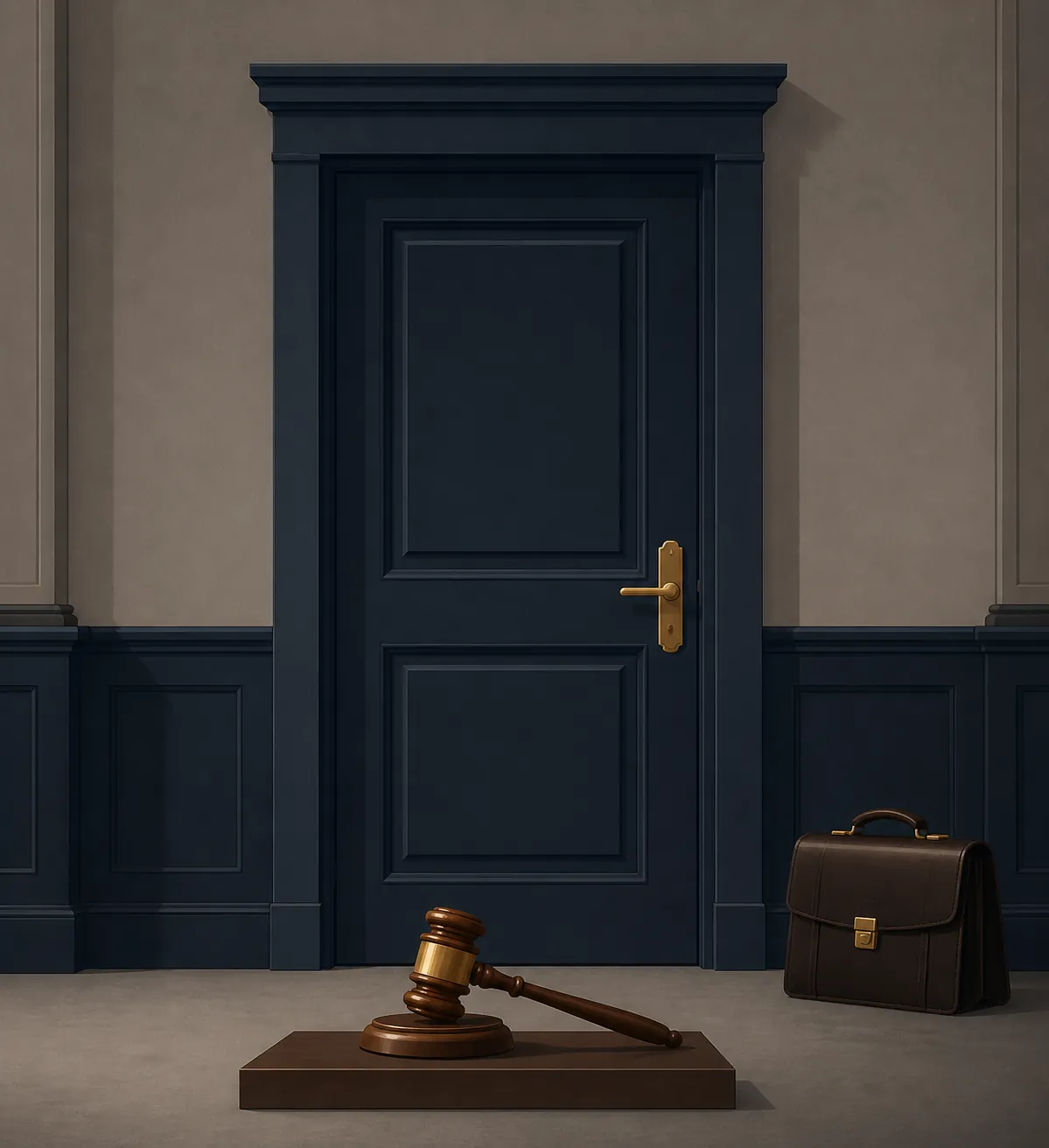 Closed courtroom door with a gavel and a lawyer's briefcase outside