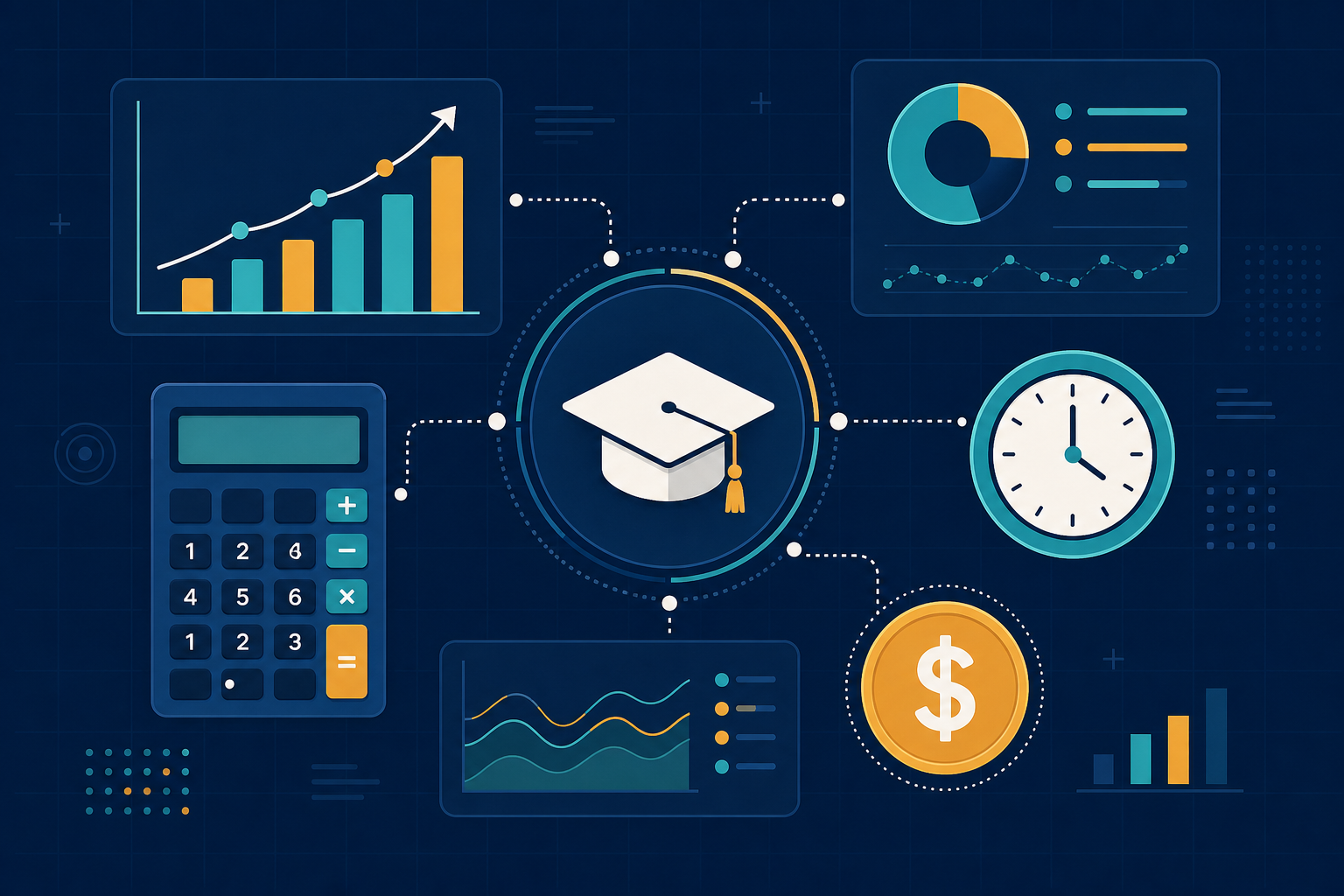 A flat vector illustration on a dark navy background with grid lines. A graduation cap icon sits at the center, surrounded by connecting dotted lines to a calculator icon, a rising bar chart, a clock icon, and a dollar sign symbol. Teal, amber, and white accents.