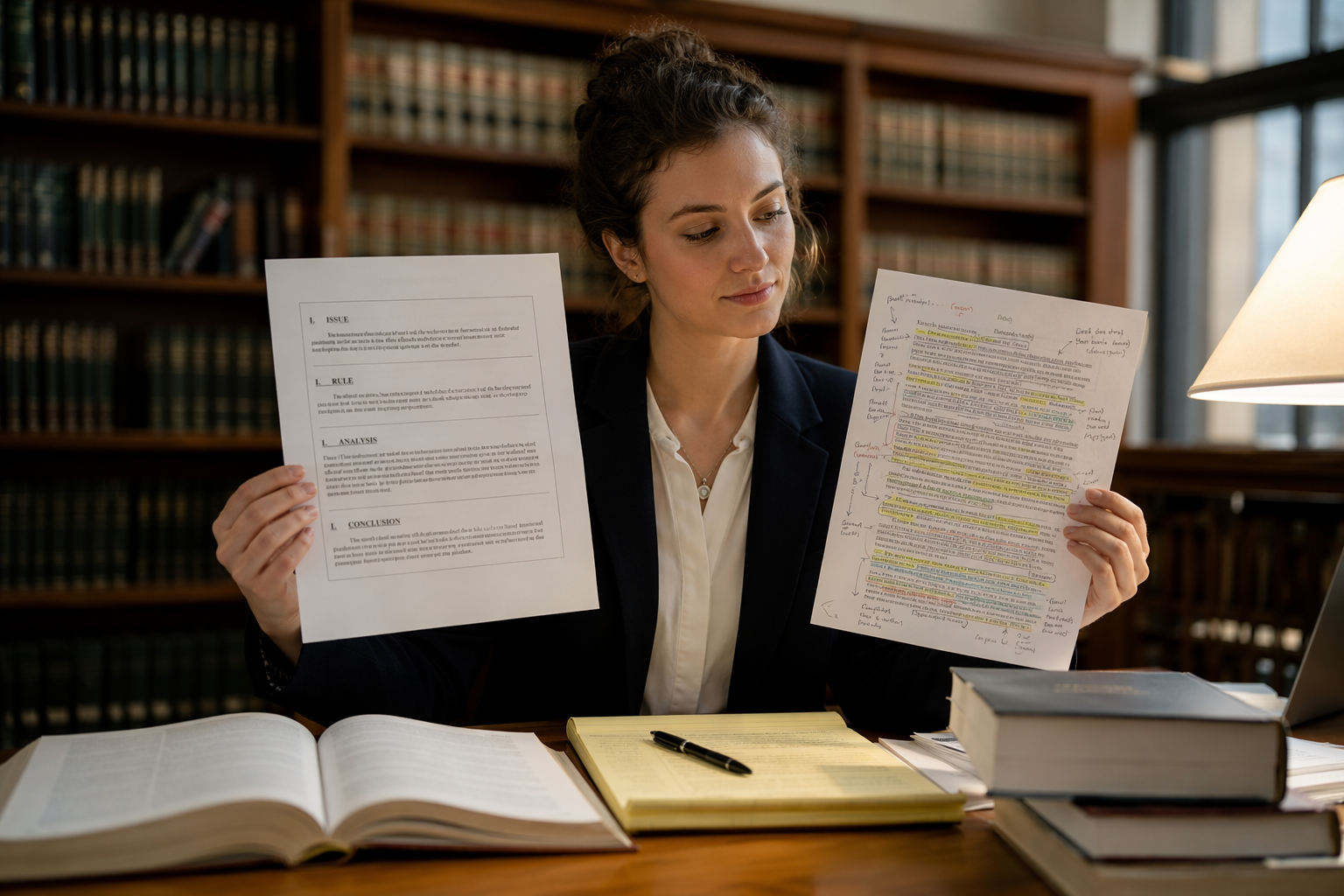 Law student comparing an appellate opinion with an annotated settlement agreement