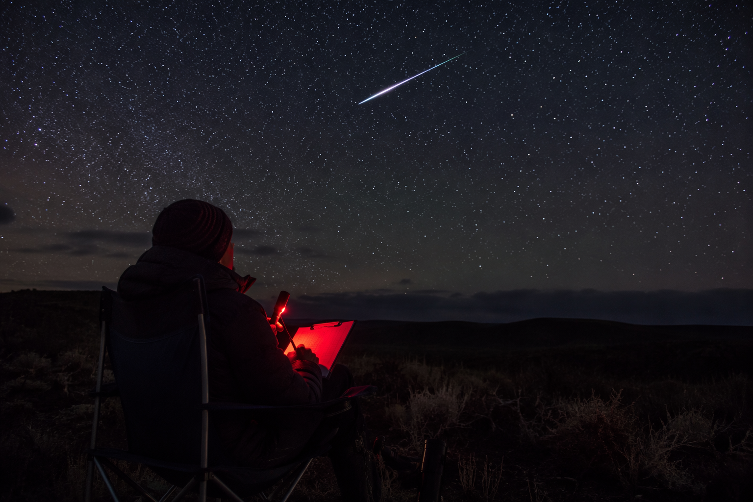 Student observing the Perseid meteor shower from a reclining chair with a clipboard and red-light torch