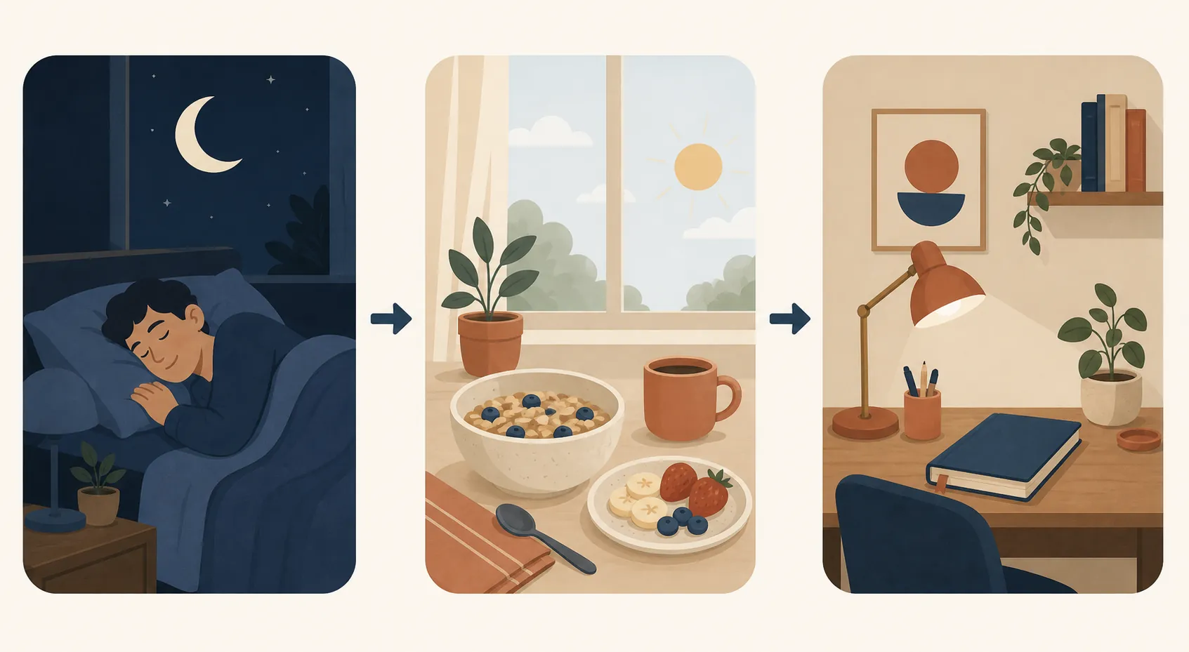 Daily rhythm sequence showing sleep, breakfast, and a tidy study desk