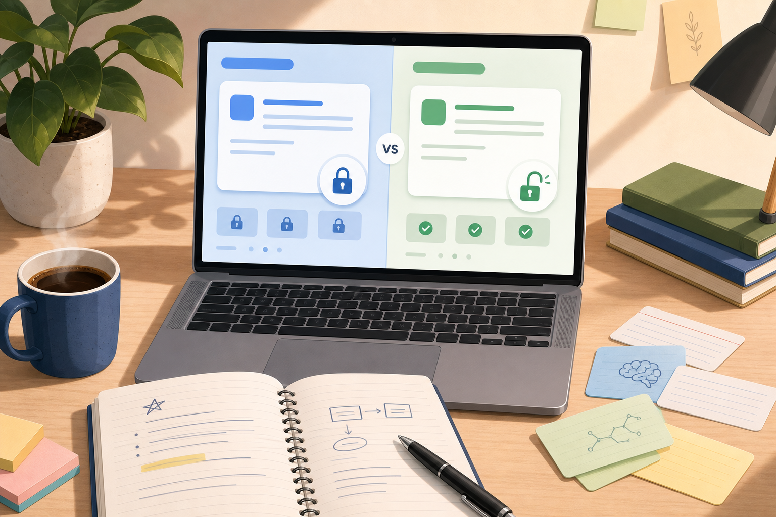 College student's desk with a laptop showing two abstract flashcard app interfaces side by side — one in blue with a locked padlock, one in green with an open padlock and checkmarks — separated by a 'vs' divider.