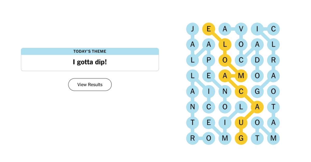 Completed NYT Strands puzzle with highlighted spangram, discovered theme words, and hint buttons