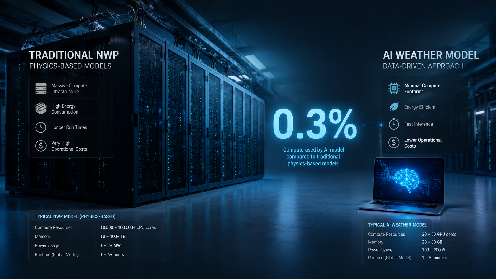Supercomputer and laptop contrasting traditional and AI weather forecasting compute