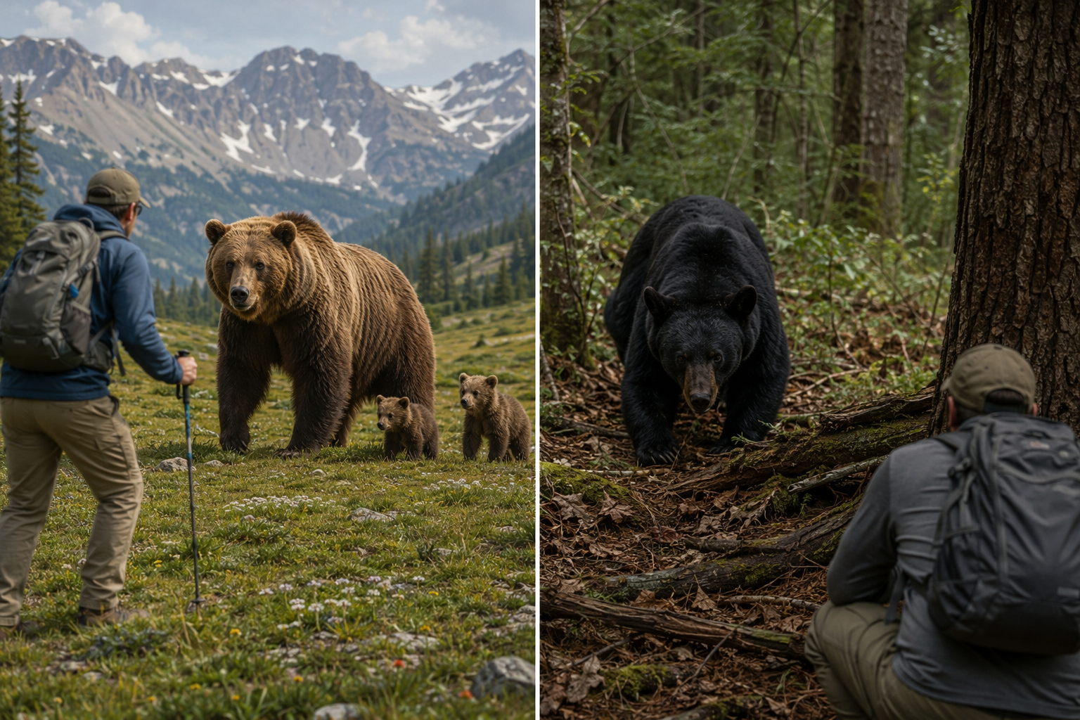 Split illustration comparing a defensive brown bear with cubs and a black bear in forest habitat