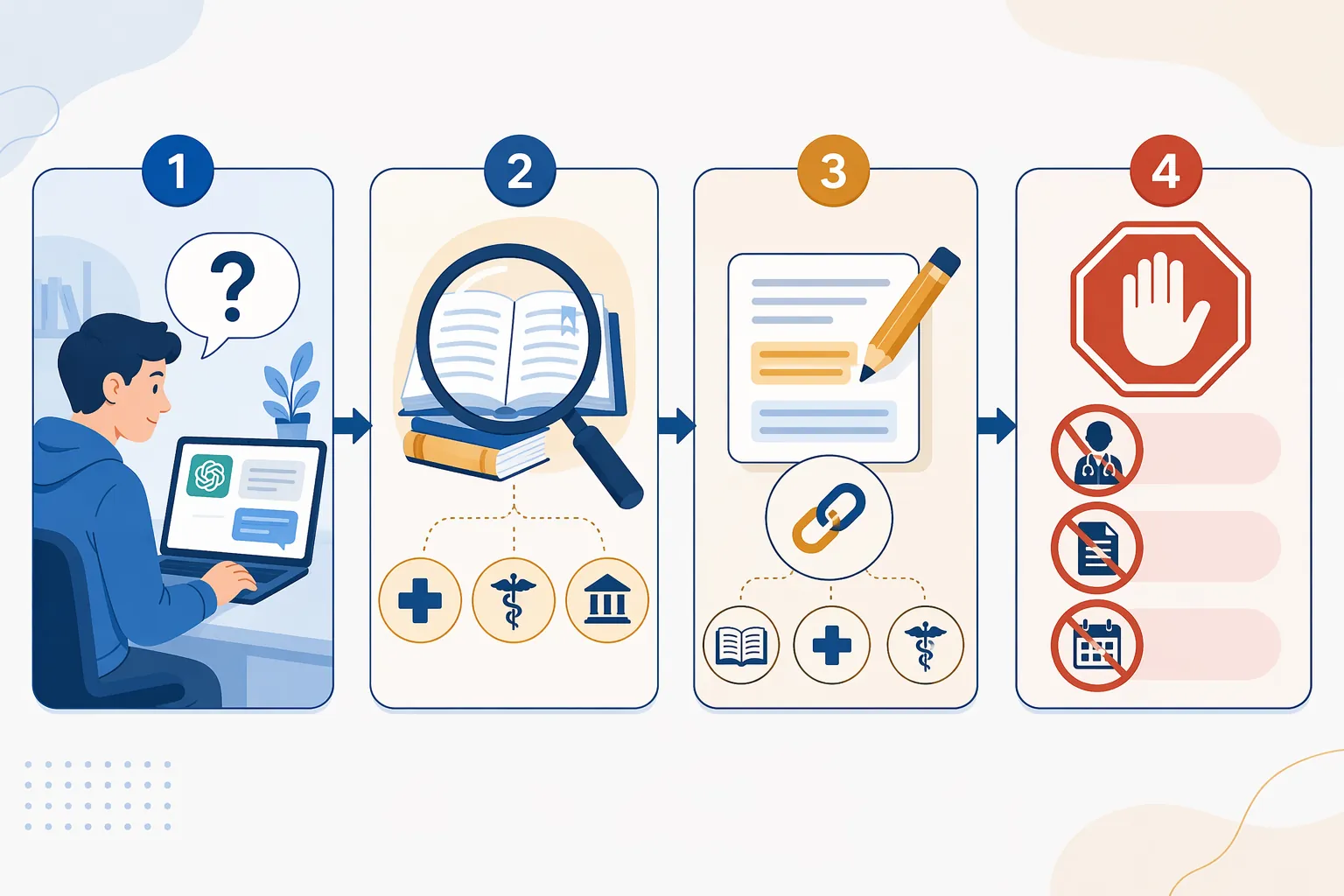Four-step workflow for prompting, verifying, correcting, and avoiding prohibited medical AI use