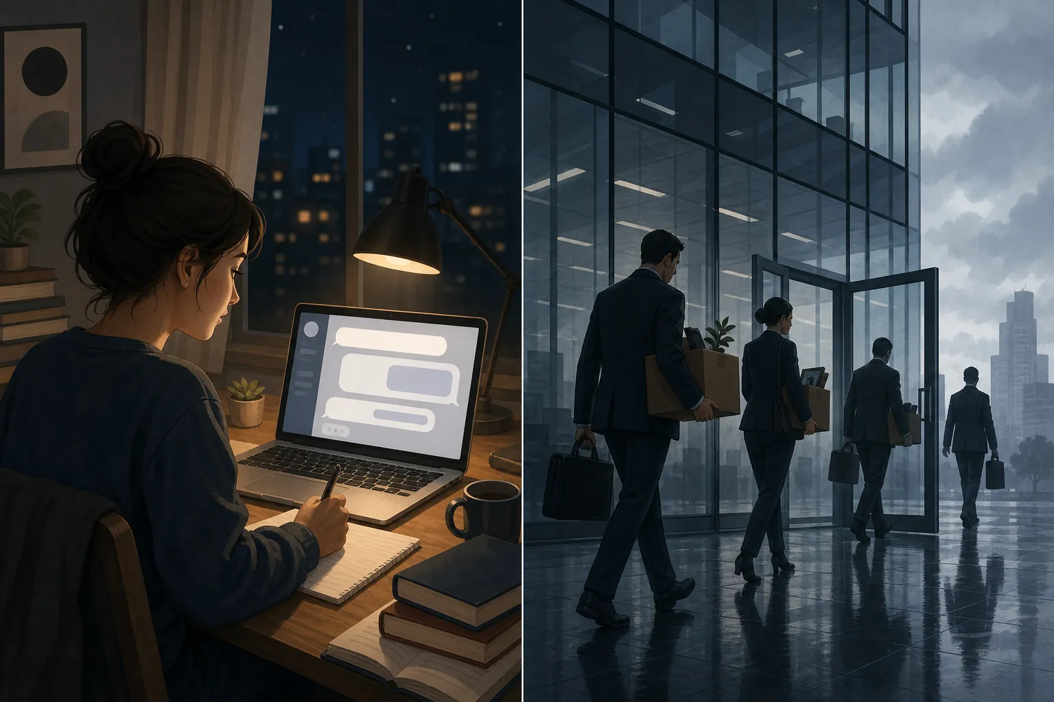 Student studying at a laptop while executives leave an office tower