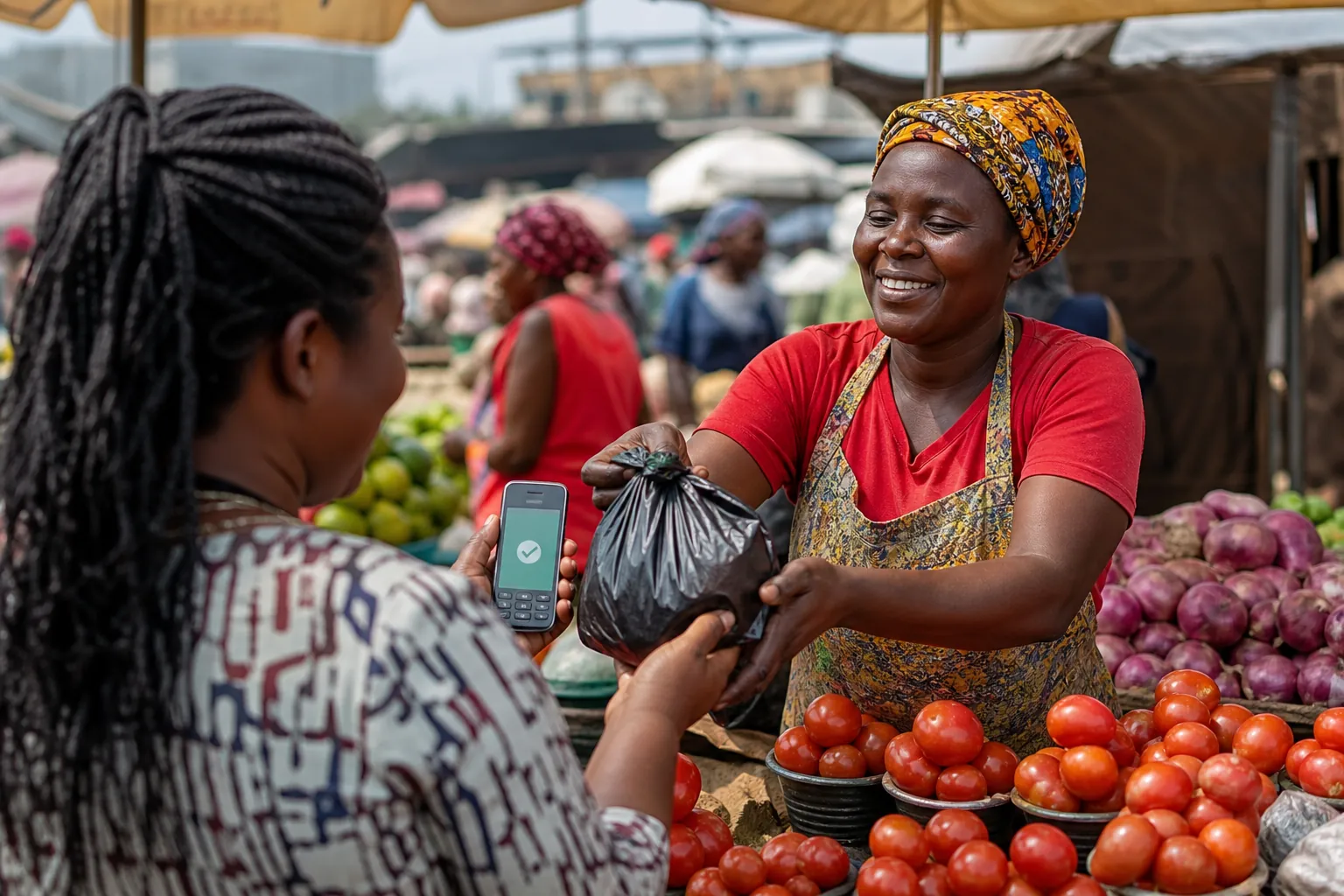 Mobile money payment at an open-air market stall in East Africa