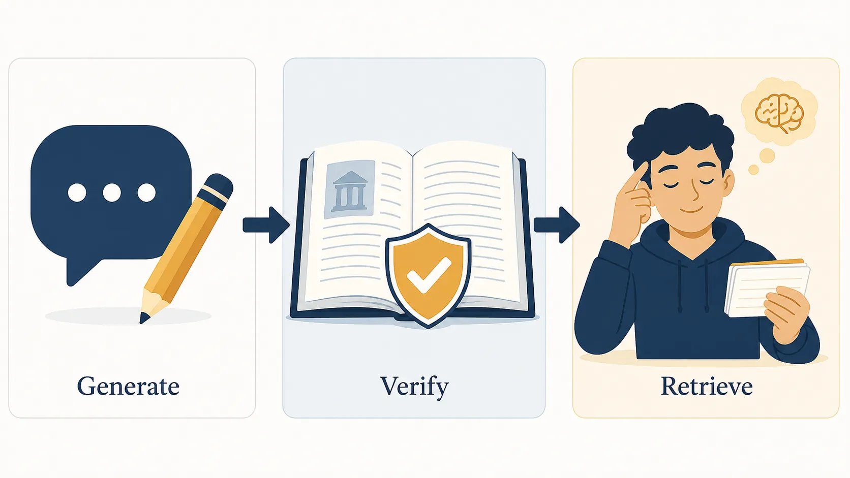 A three-step workflow shows AI generation, verification against an official source, and active recall with flashcards.