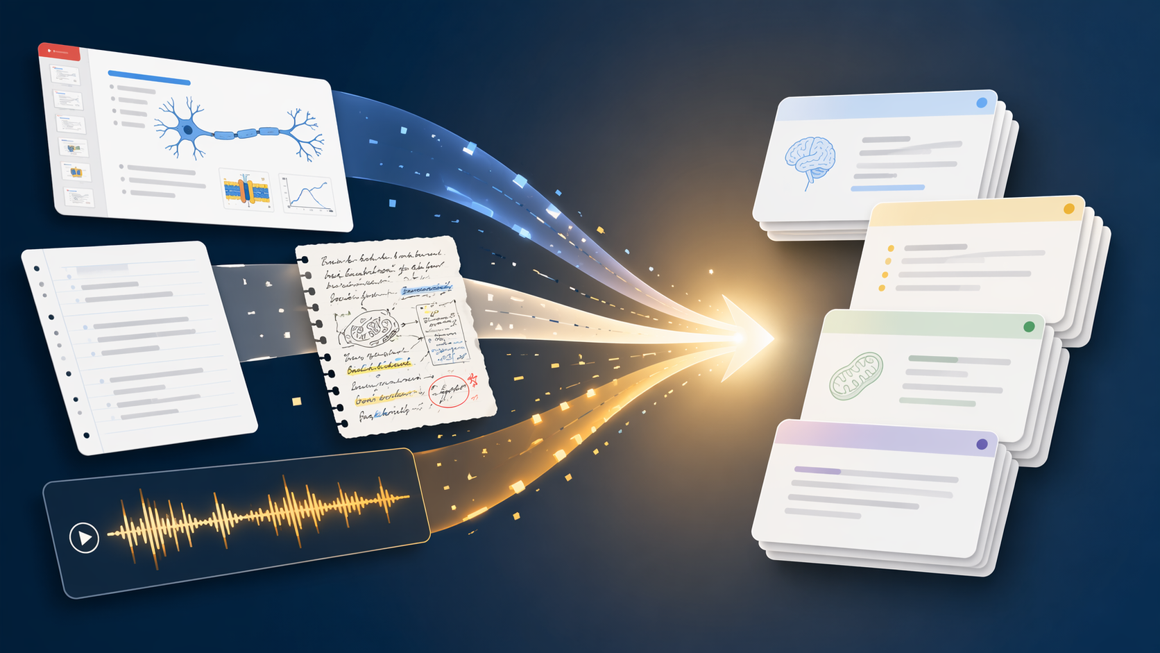 PDF slides, typed notes, handwritten annotations, and audio recordings converging into organized digital flashcard decks