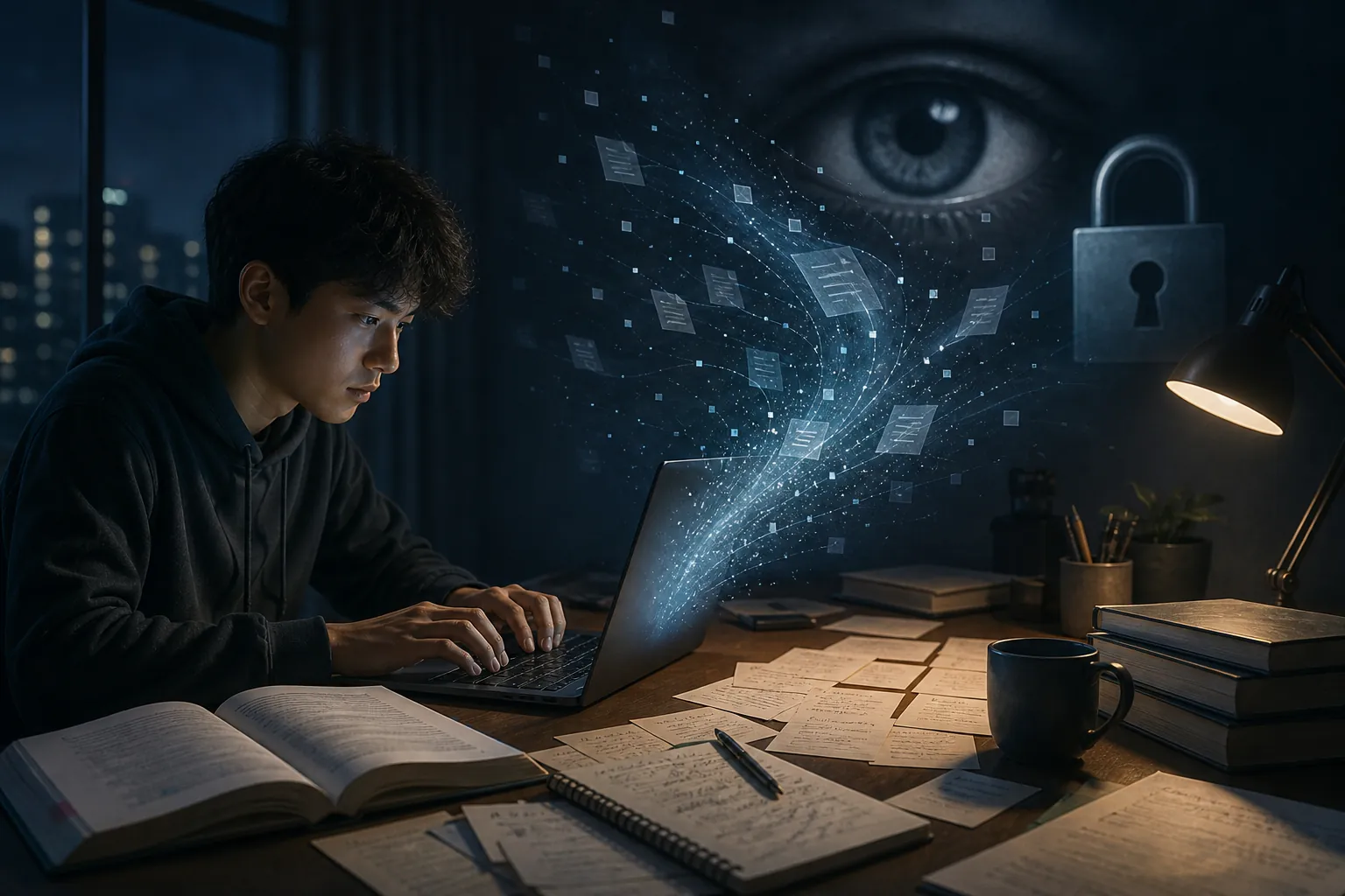 Student studying at night with data particles rising from a laptop toward a padlock and eye