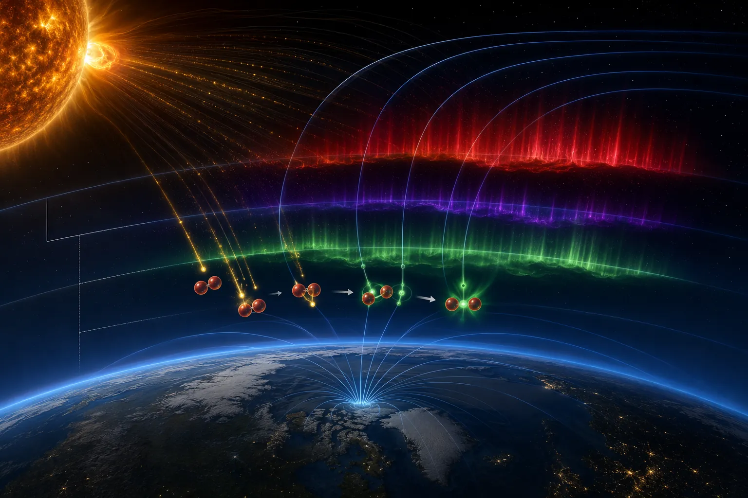 Cross-section of Earth's upper atmosphere showing solar particles guided by magnetic field lines into oxygen and nitrogen interactions that produce aurora colors
