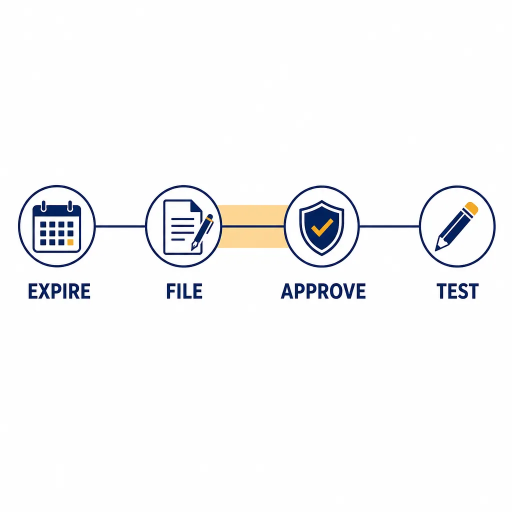 Timeline showing expiration, filing, approval, and test date with a shaded pending zone and buffer