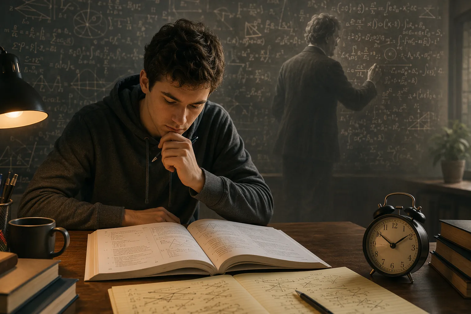 Student working through a standardized test problem while advanced equations appear in the background