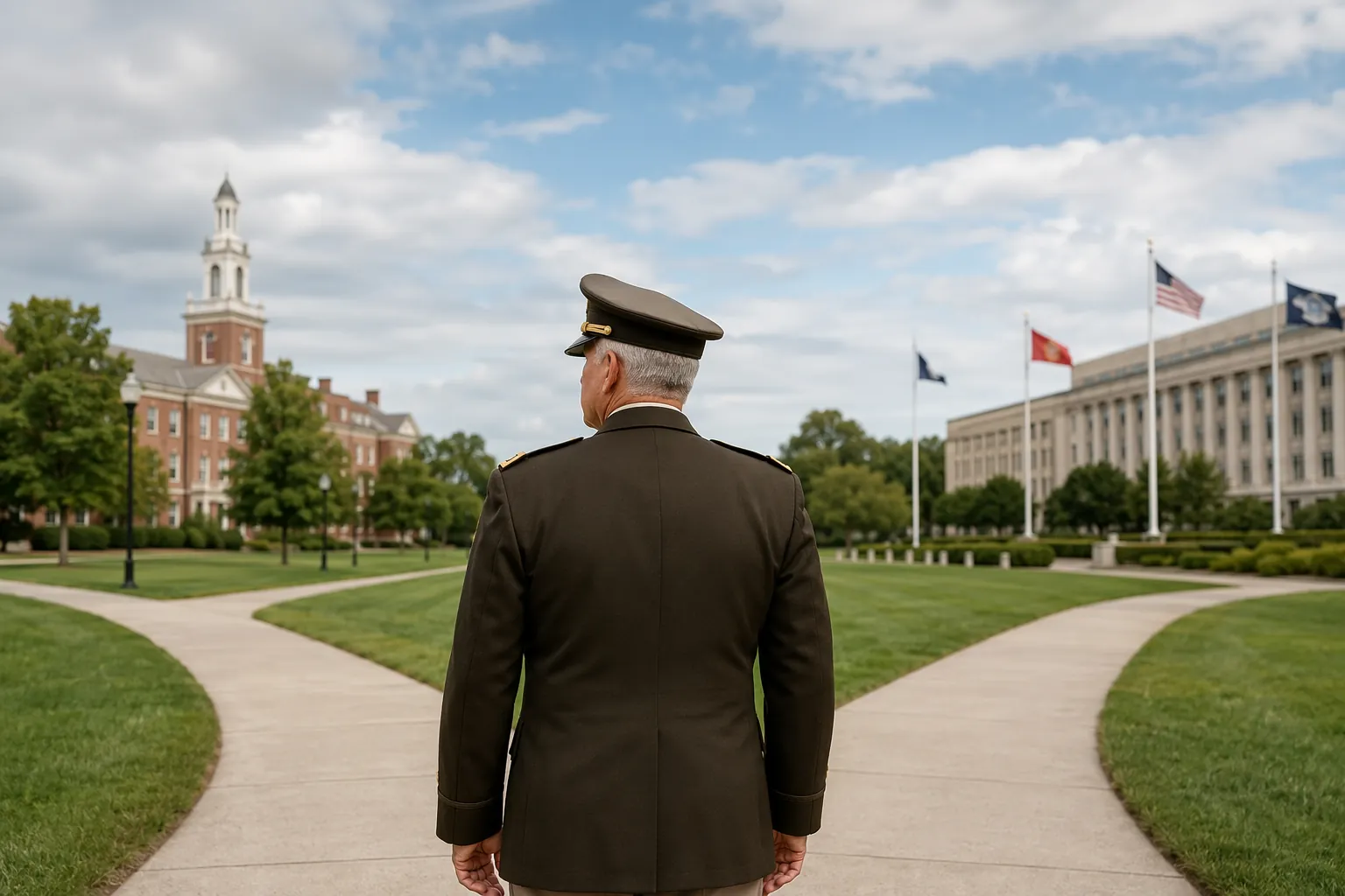 Senior military officer at a crossroads between a university campus and a government administrative building