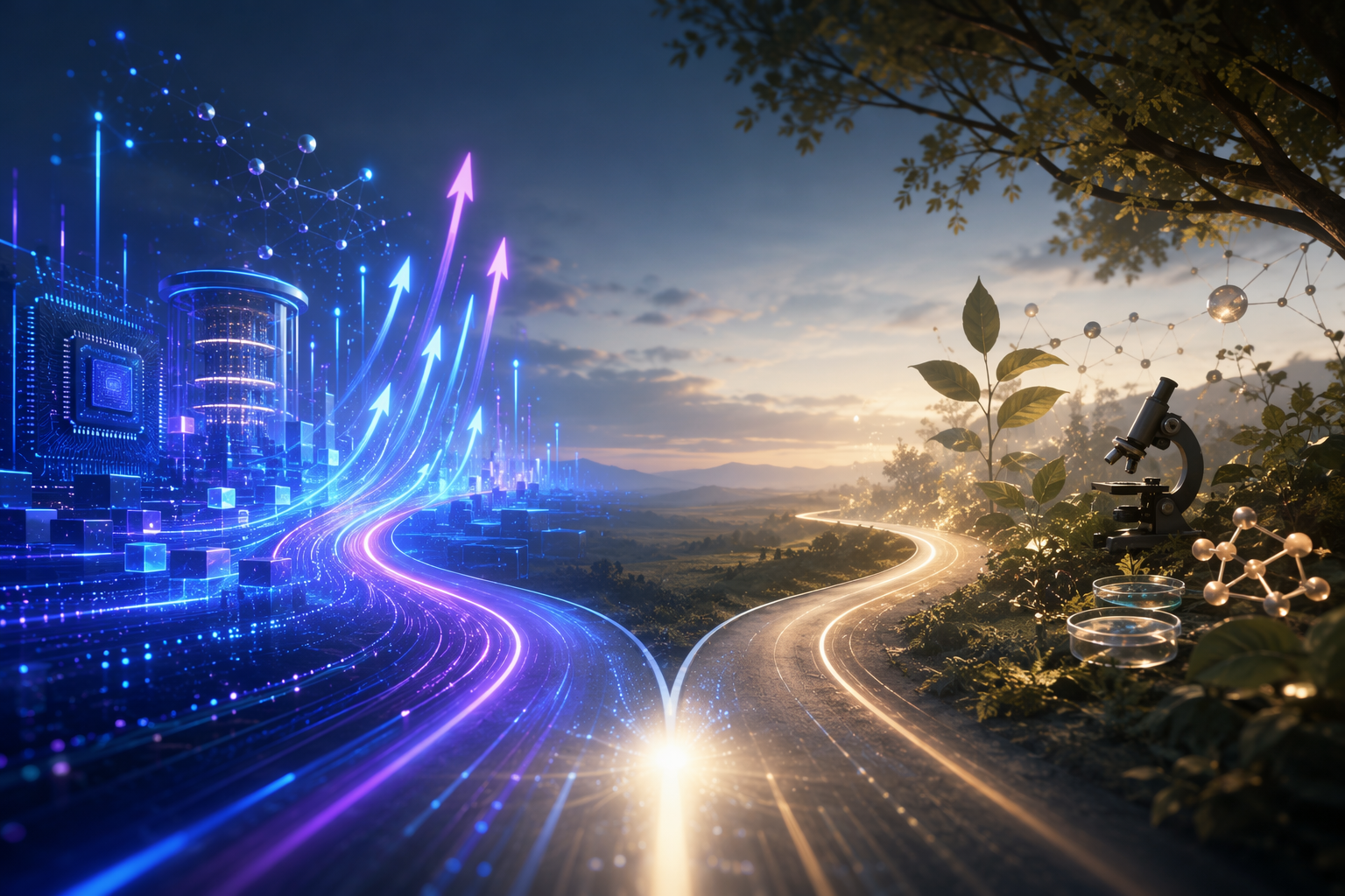 Diverging pathways showing AI, quantum, and semiconductor priorities splitting from basic discovery science