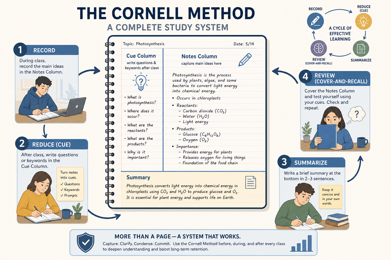 A flat-vector Cornell notes page layout in soft blue, cream, and slate gray, divided into three labeled zones: a wide right Notes column, a narrow left Cue column, and a bottom Summary strip. Workflow arrows around the page show a four-phase cycle: Record, Reduce, Summarize, Review.