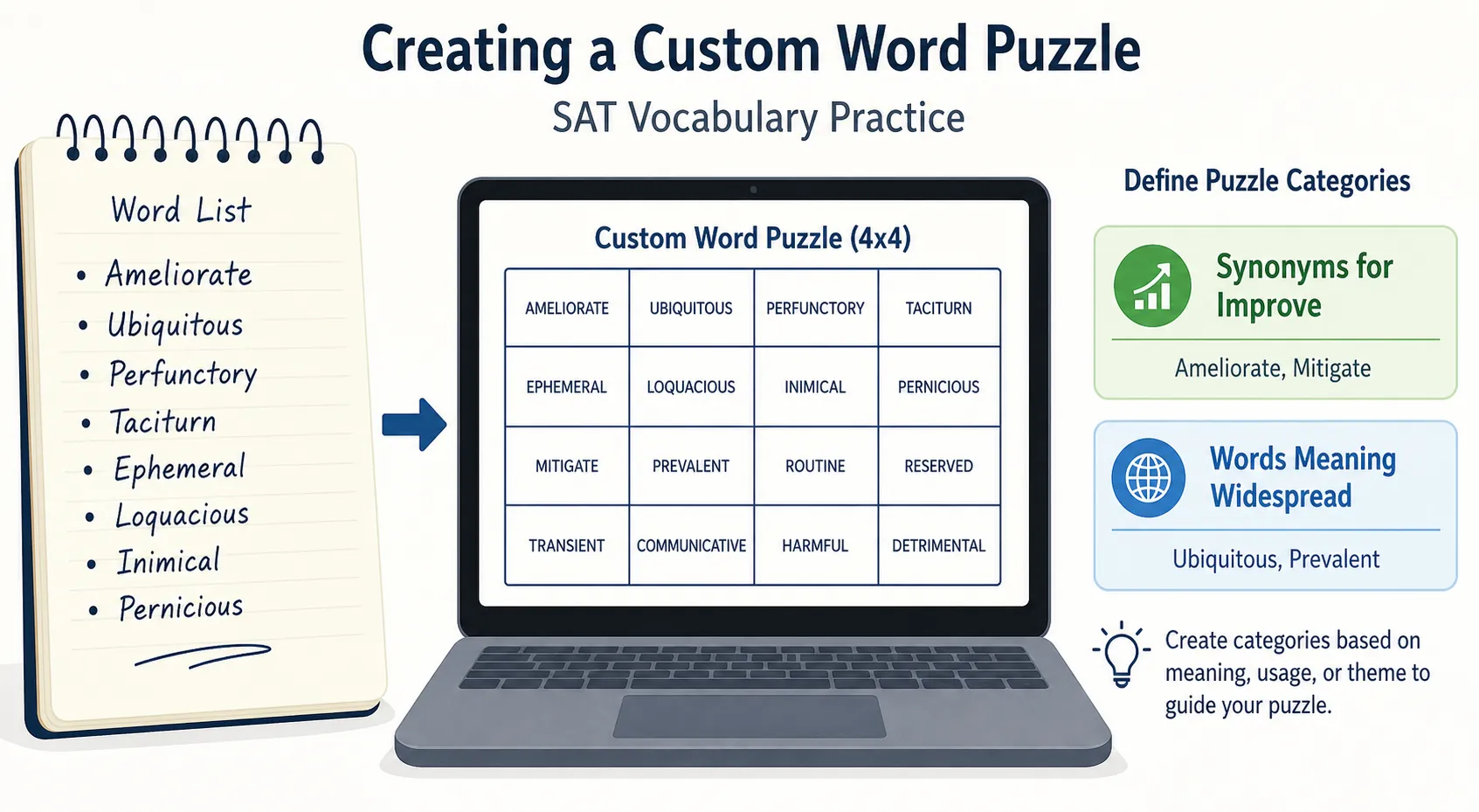 SAT vocabulary words being turned into a custom 4x4 puzzle grid