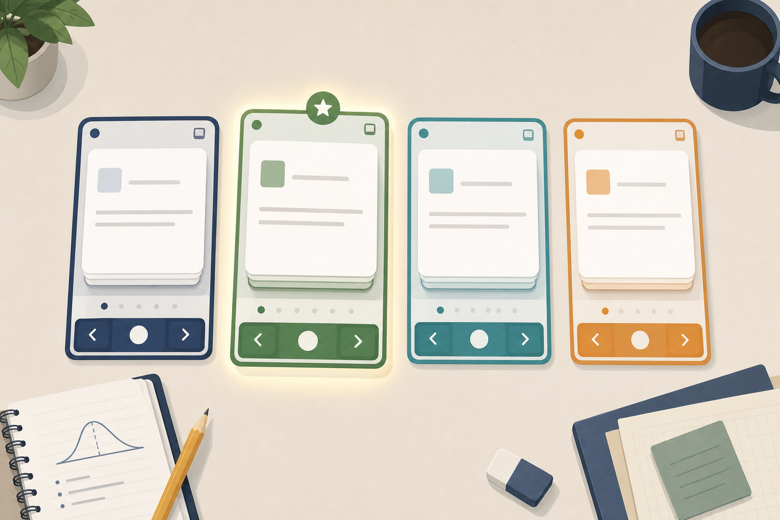 Four color-coded digital flashcard app screens arranged side by side on a study desk, representing different GRE vocabulary deck options
