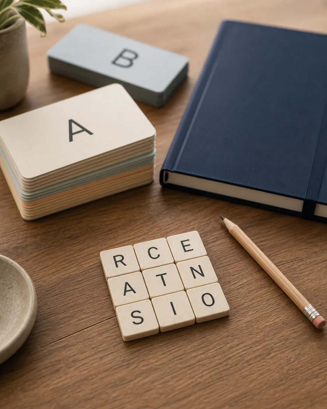 Letter-tile word puzzle placed in front of vocabulary flashcards and a practice booklet on a wooden desk