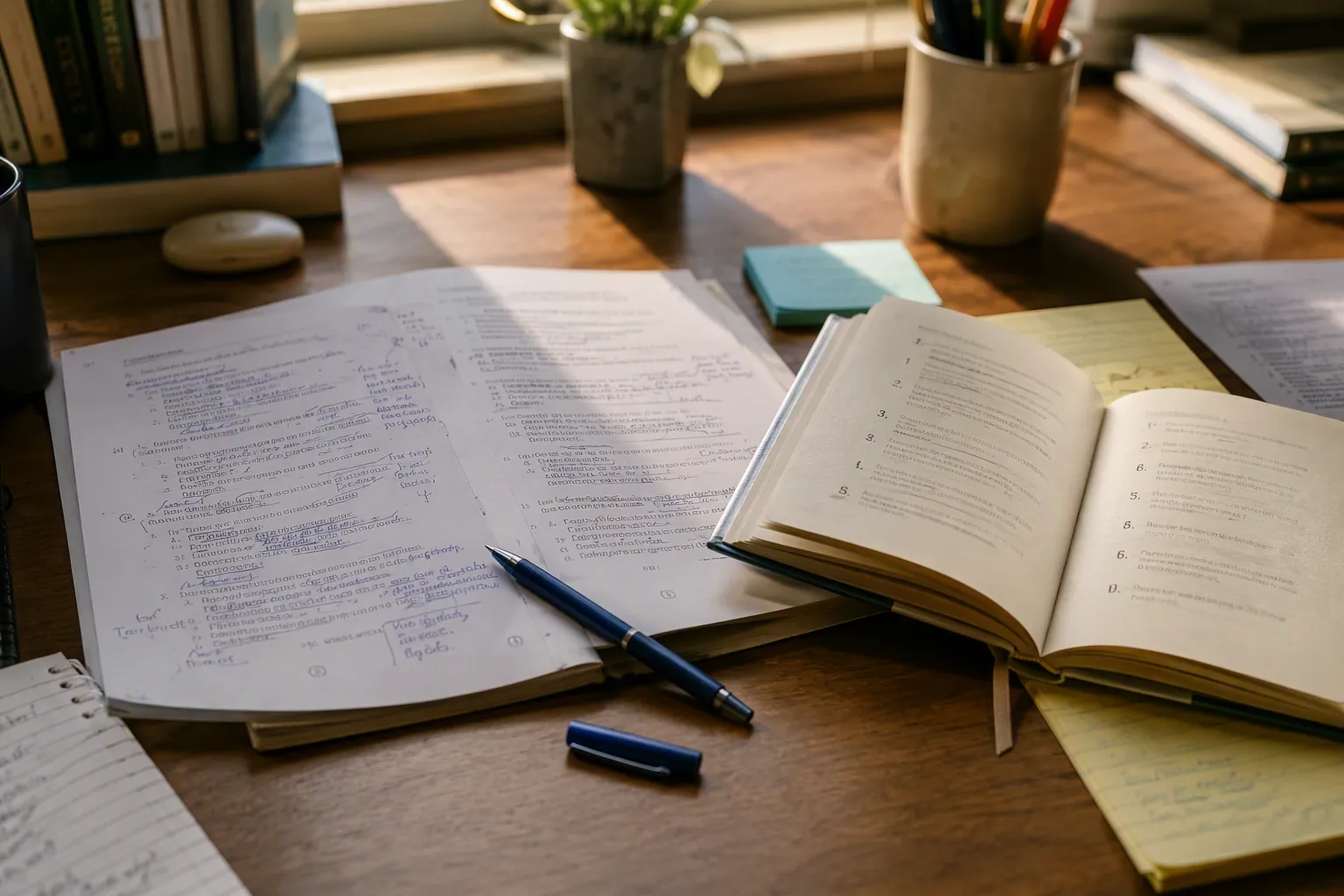 A student's timed essay draft beside Anne Lamott and Neal Allen's Good Writing, with notes, crossed-out sentences, and a blue pen on the desk.