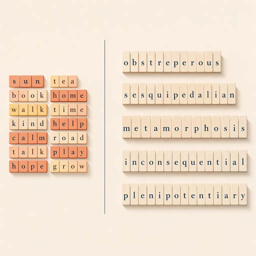 Split illustration contrasting compact warm-toned letter tiles with sparse elongated pale letter strings