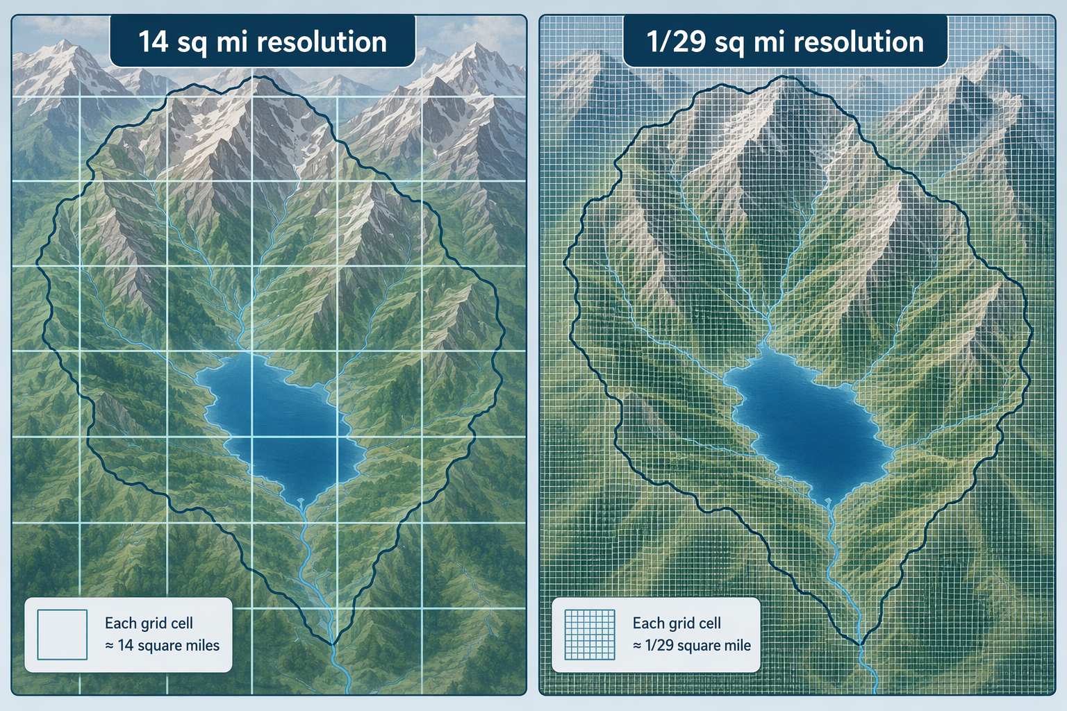 Diagram comparing 14 square mile grid resolution with 1/29 square mile grid resolution over a mountain basin