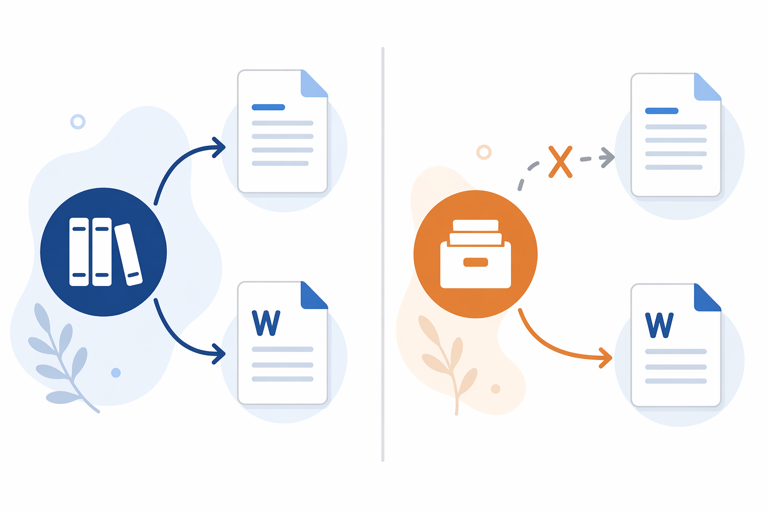 Side-by-side reference manager workflow showing one tool connected to Google Docs and Word and another connected only to Word