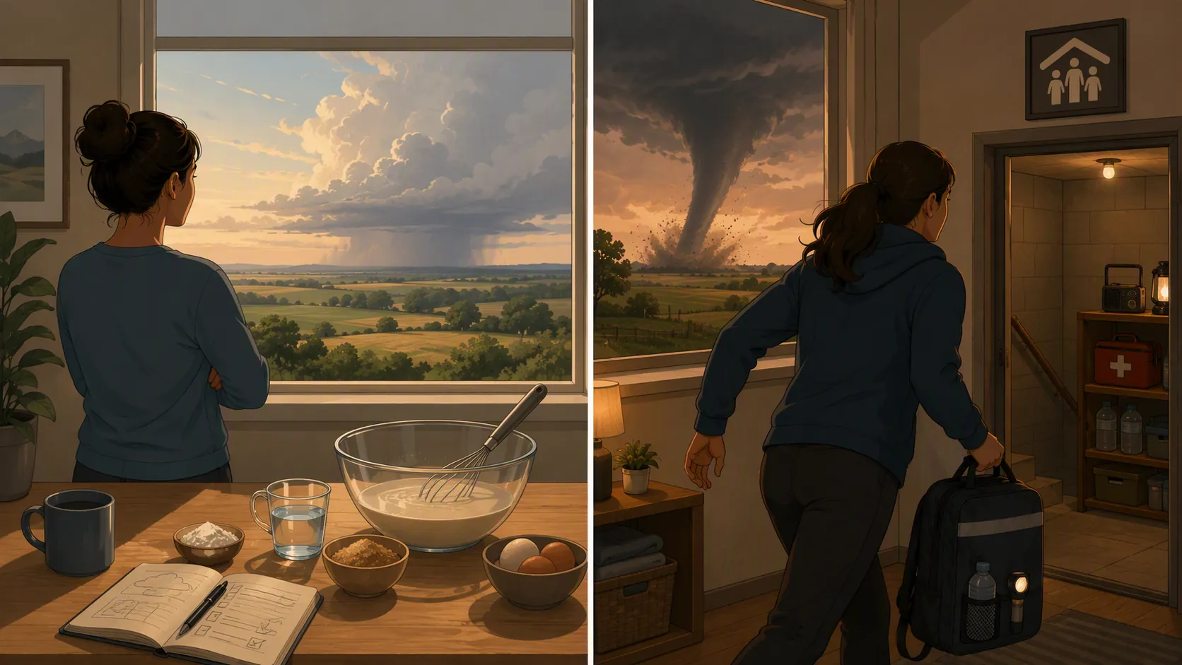 Split-screen illustration showing tornado watch preparedness and tornado warning immediate shelter action