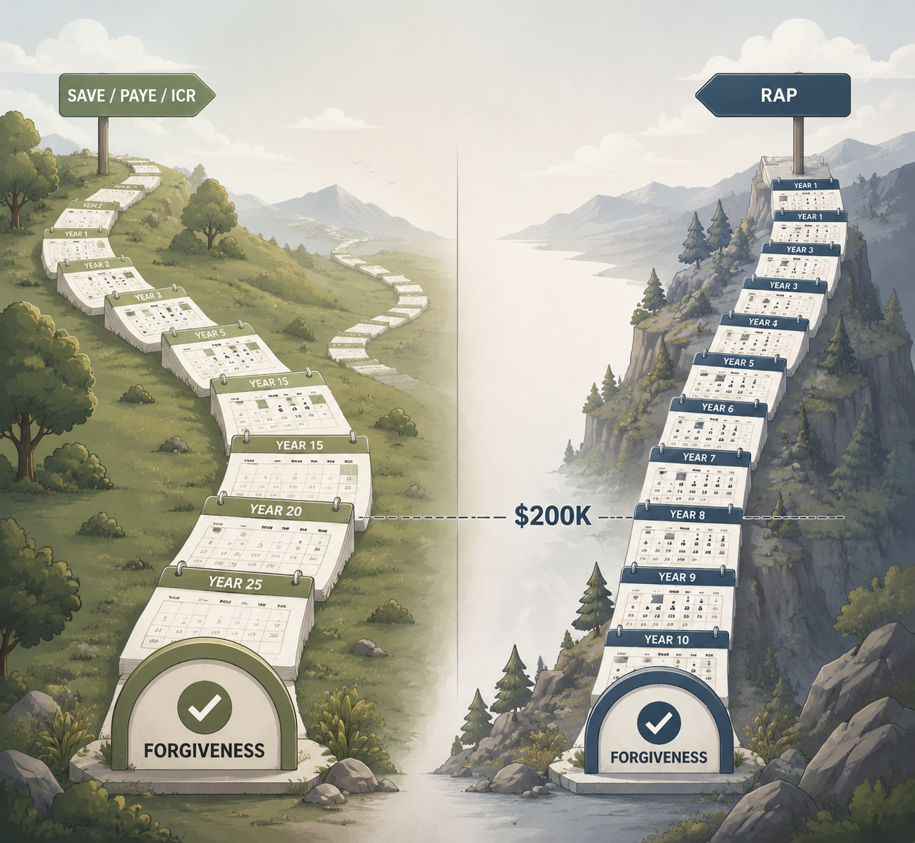Two repayment paths shown as staircases, with SAVE/PAYE/ICR on one side and RAP on the other, ending in different forgiveness checkpoints.