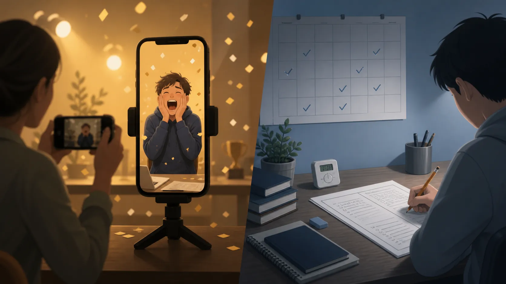 Acceptance video excitement contrasted with a quiet SAT or ACT practice desk and calendar