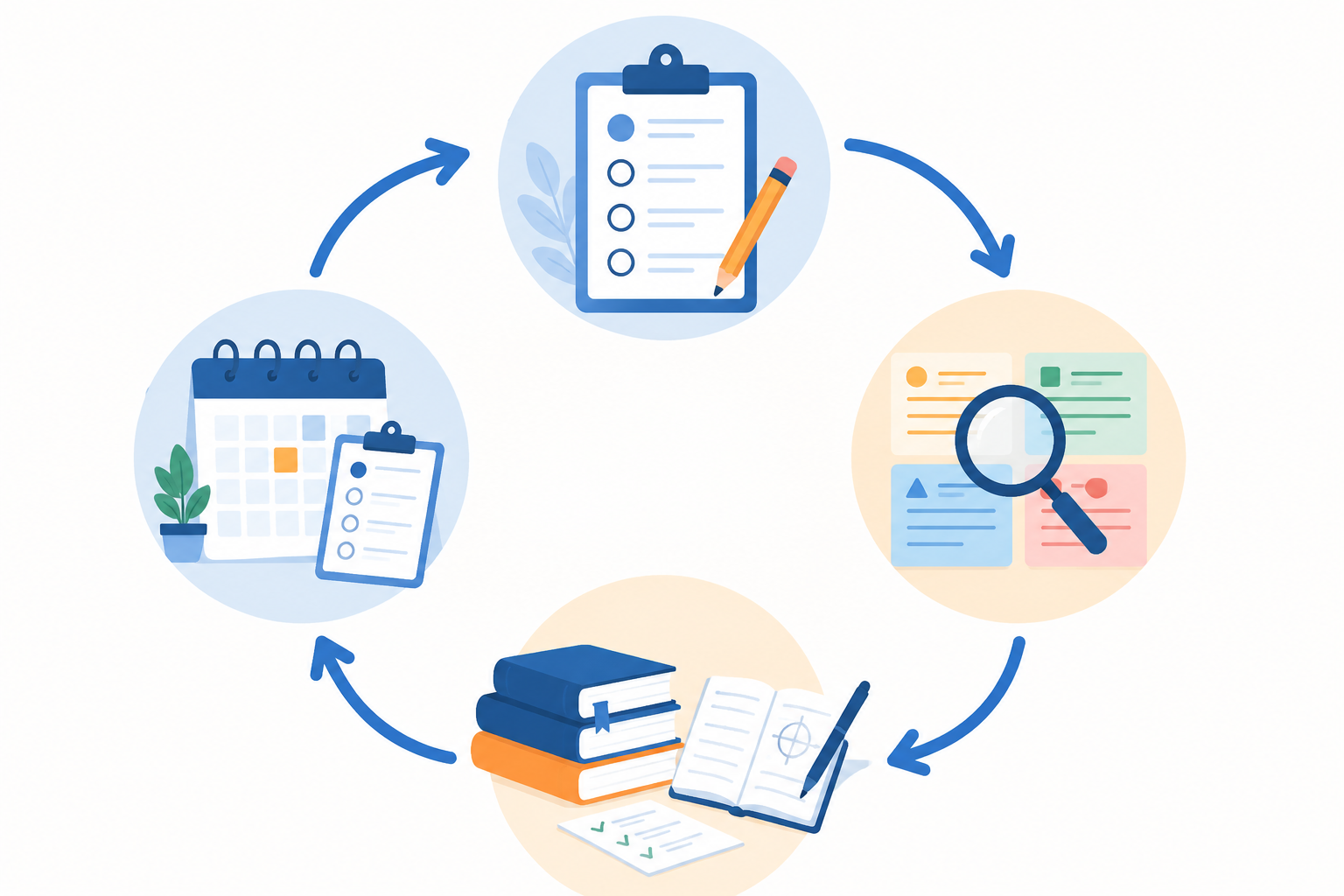 Circular workflow showing diagnostic baseline, targeted review, focused practice, and spaced retest