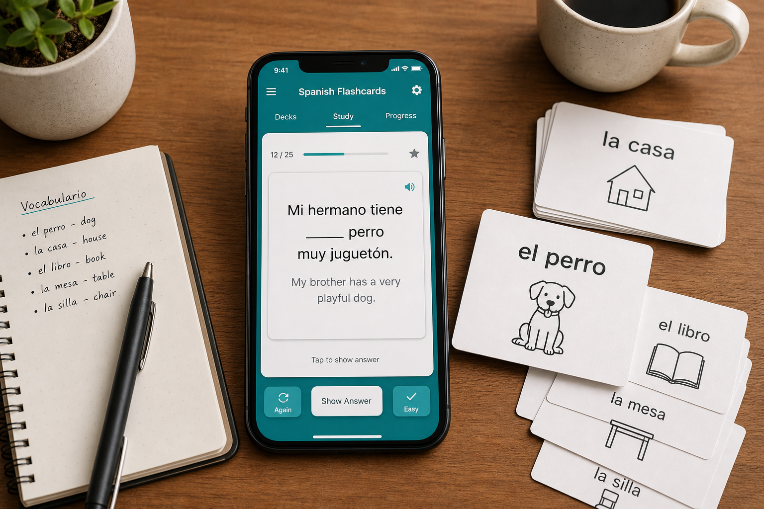 A flat-lay composition on a wooden desk showing a smartphone with a Spanish Anki cloze-deletion card on the screen, physical flashcards including one showing 'el perro' with a dog icon, a notebook, a pen, and a coffee cup in soft natural lighting.
