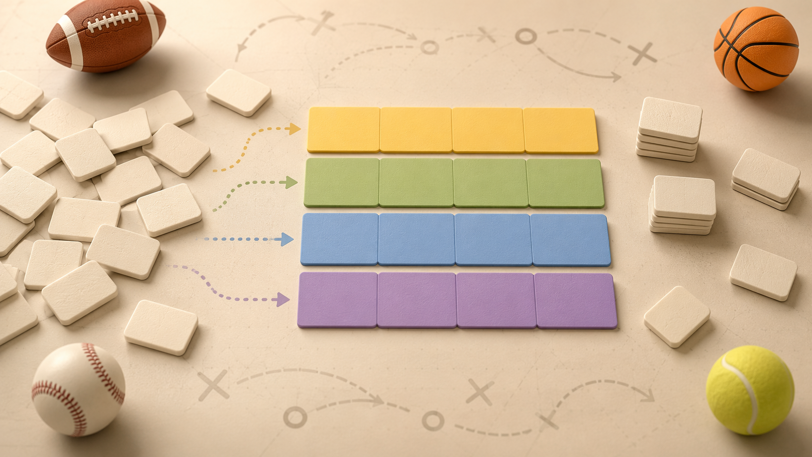 Deconstructed sports word-puzzle grid with yellow, green, blue, and purple category strips