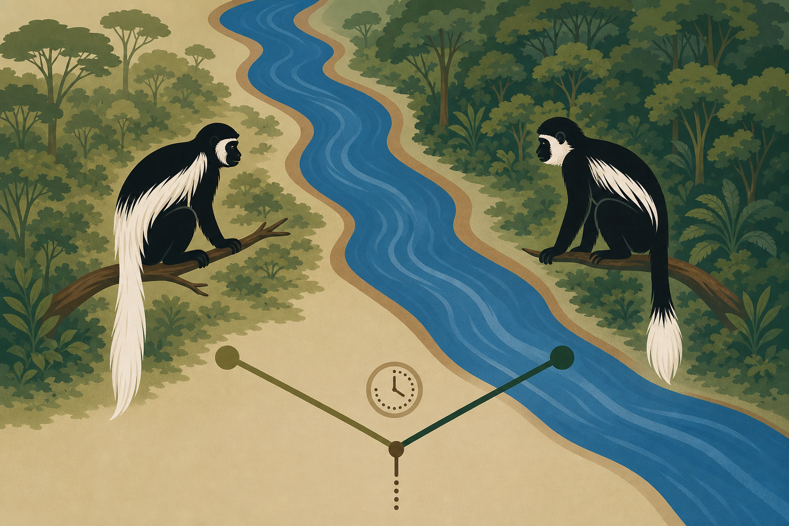 Stylized river separating two forest habitats with distinct monkey silhouettes to represent allopatric speciation