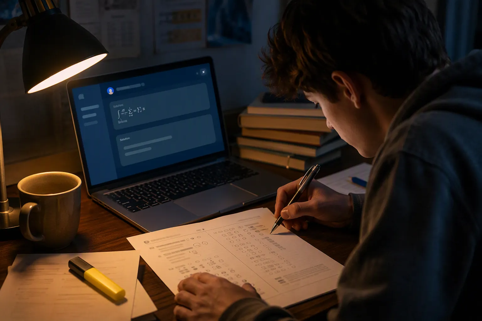 Student cross-checking an AI chat answer against a printed standardized test practice page