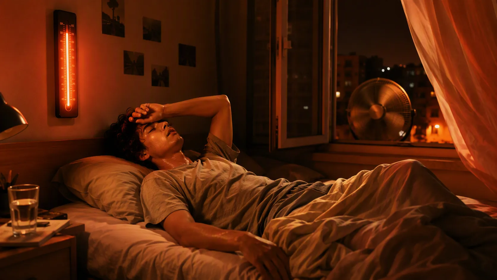 Student lying awake in a hot bedroom at night with a fan and open window