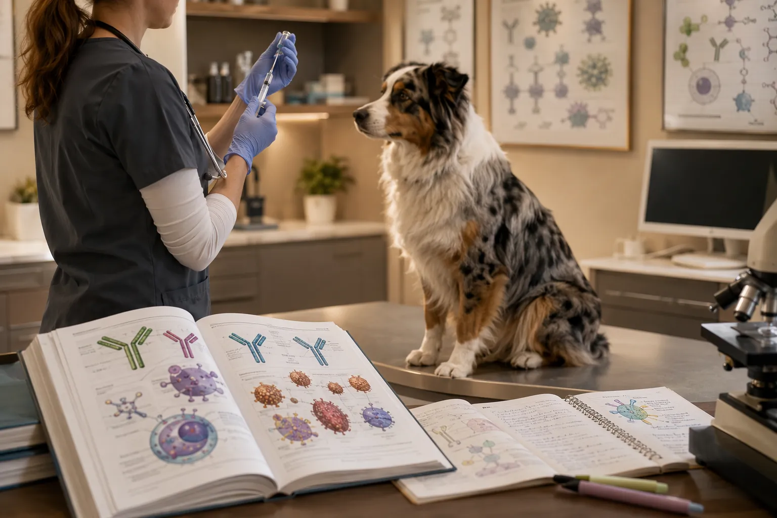 Veterinary examination room with a dog, vaccine preparation, and immunology textbooks connecting pet immunization to study