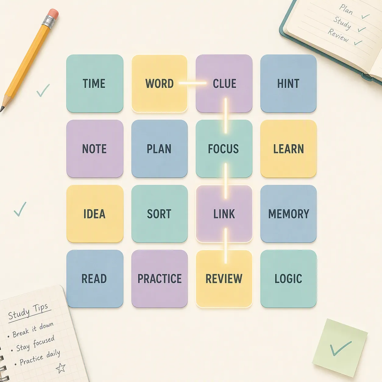 A 4x4 word-tile grid used as focused test-prep practice with a notebook and pencil nearby