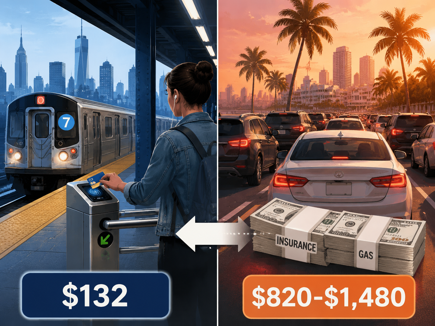 Transit and car cost comparison between New York City and Miami