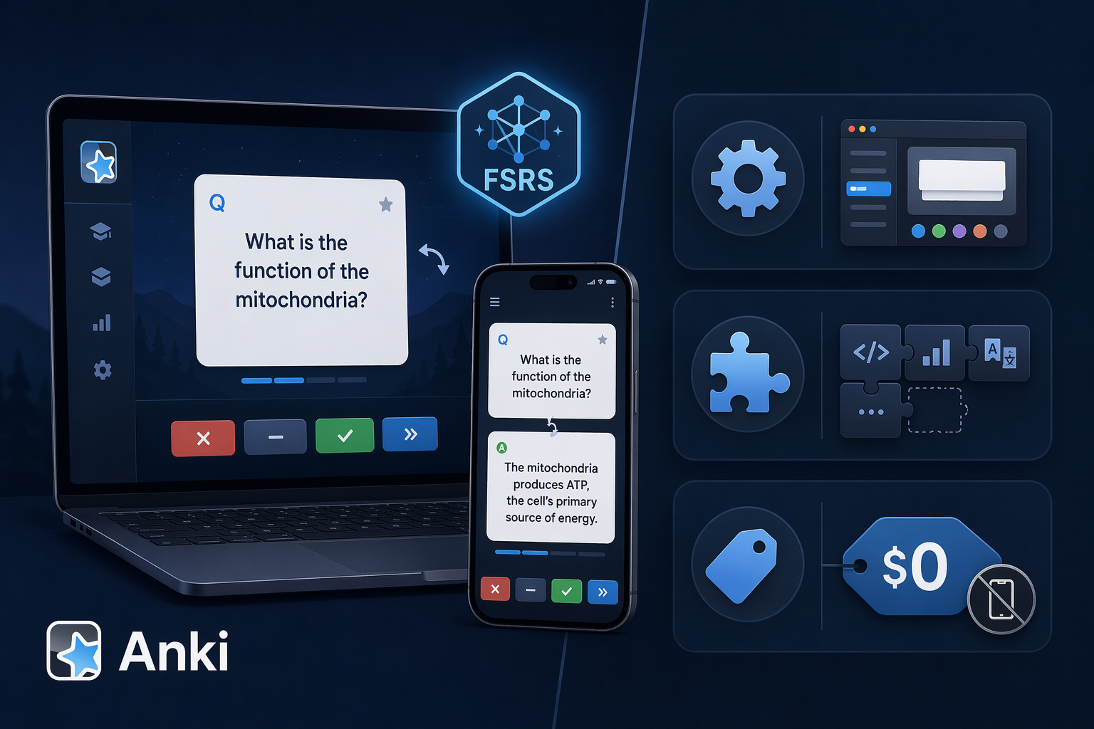 Split illustration showing Anki's ecosystem: stylized laptop and phone with FSRS badge, and icons for customization, add-ons, and free pricing.